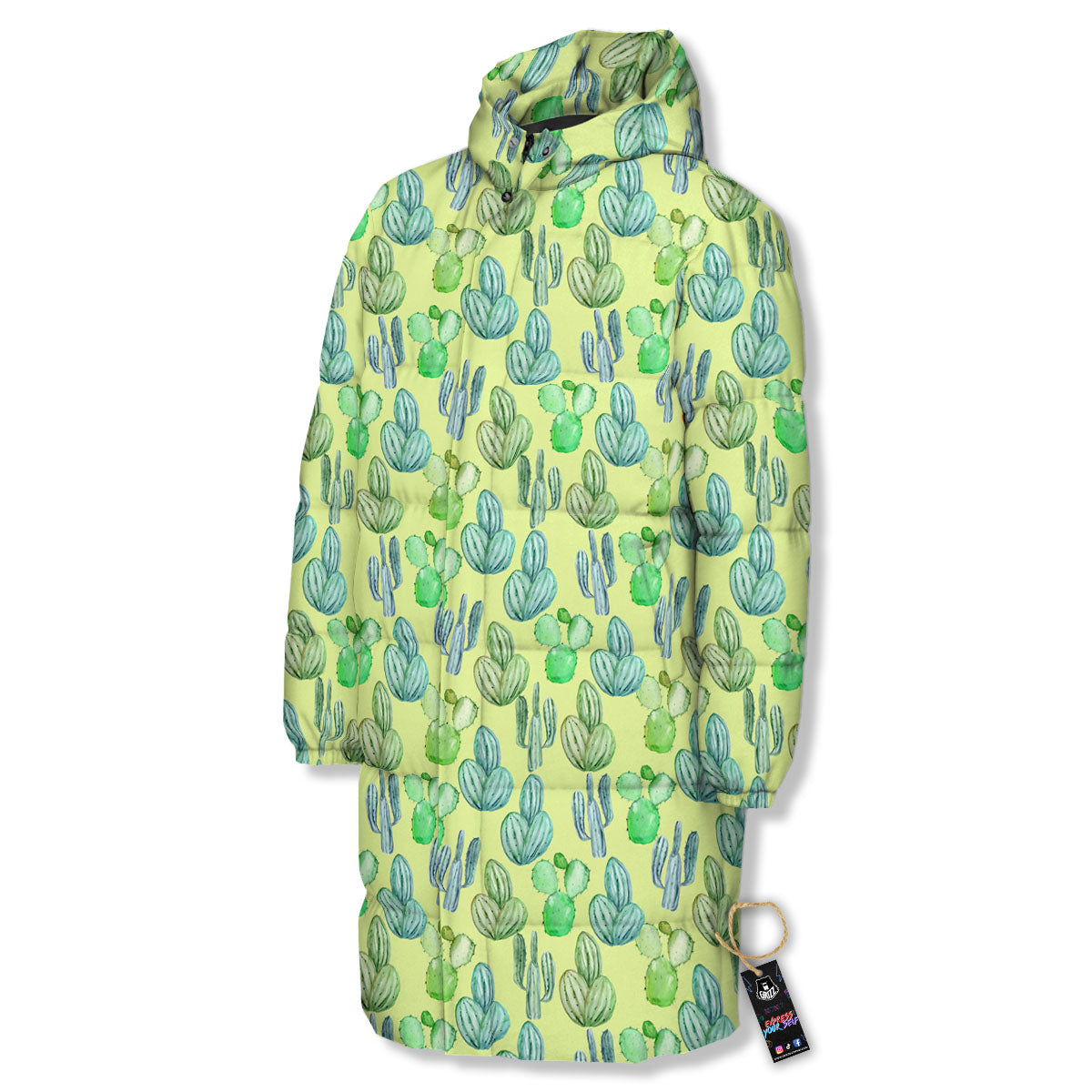 Succulent And Pastel Cactus Print Long Down Jacket-grizzshop
