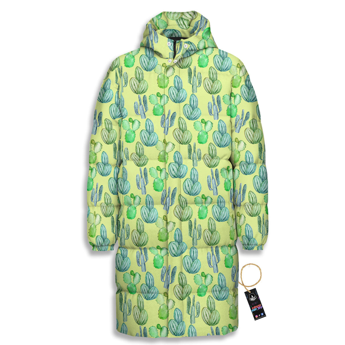 Succulent And Pastel Cactus Print Long Down Jacket-grizzshop