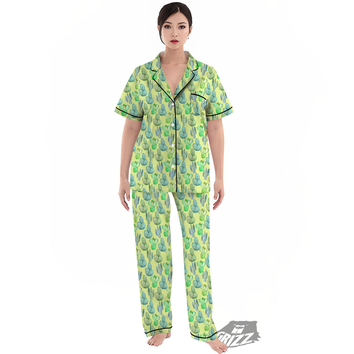 Succulent And Pastel Cactus Print Women's Pajamas Set-grizzshop