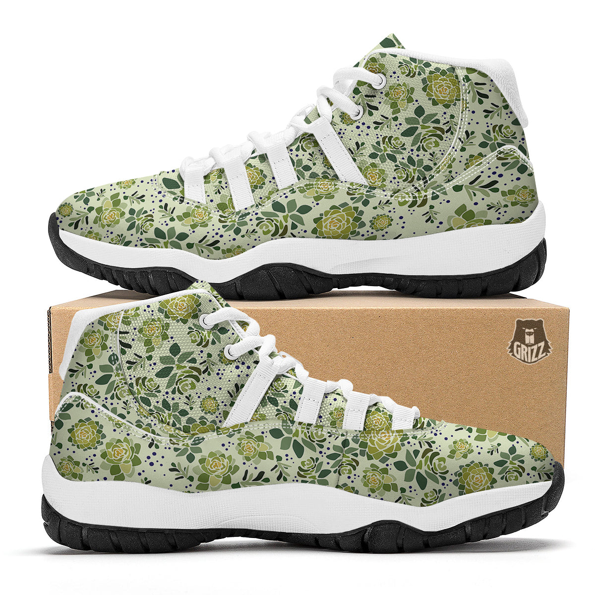Succulent Green Print Pattern White Bball Shoes-grizzshop