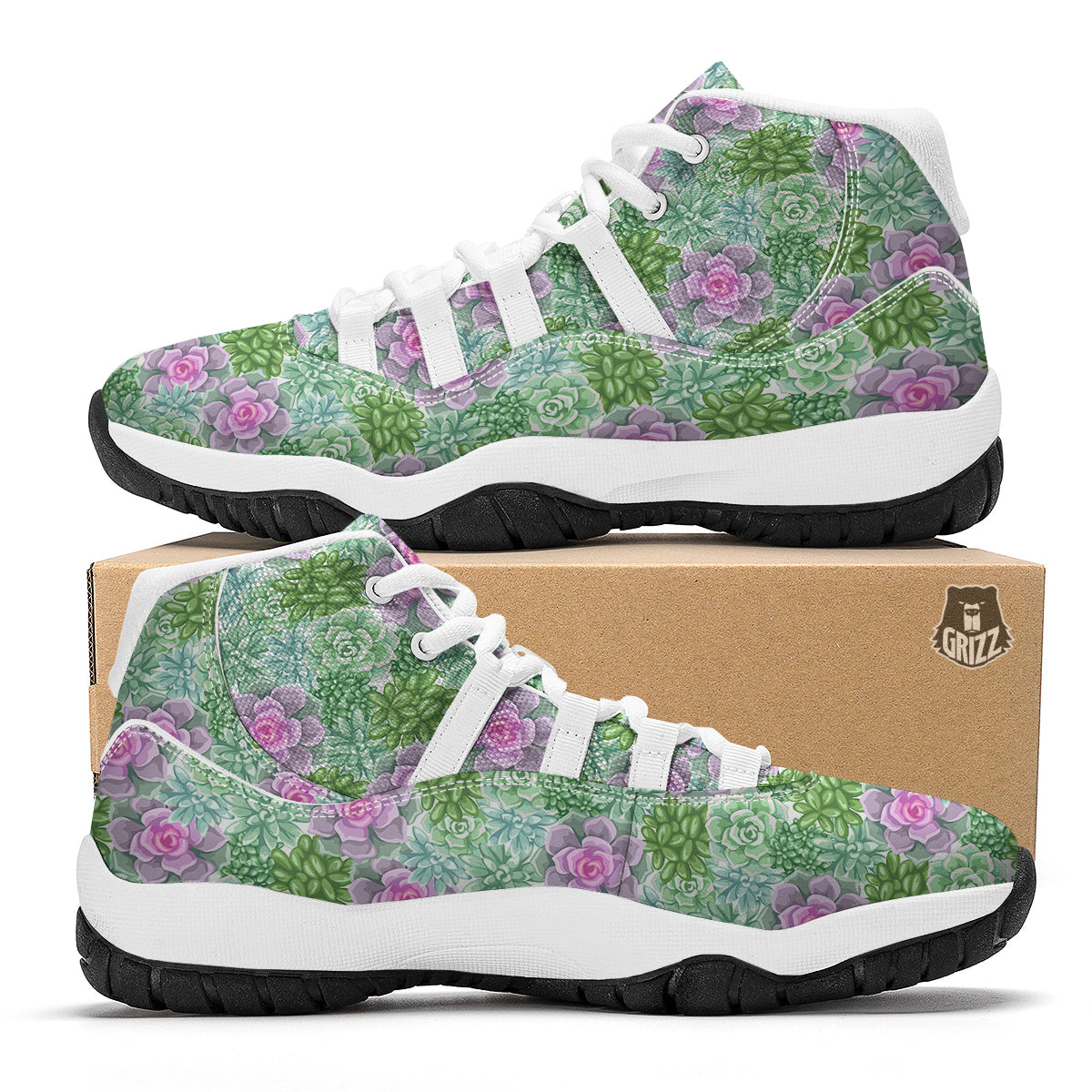 Succulent Pink And Green Print Pattern White Bball Shoes-grizzshop