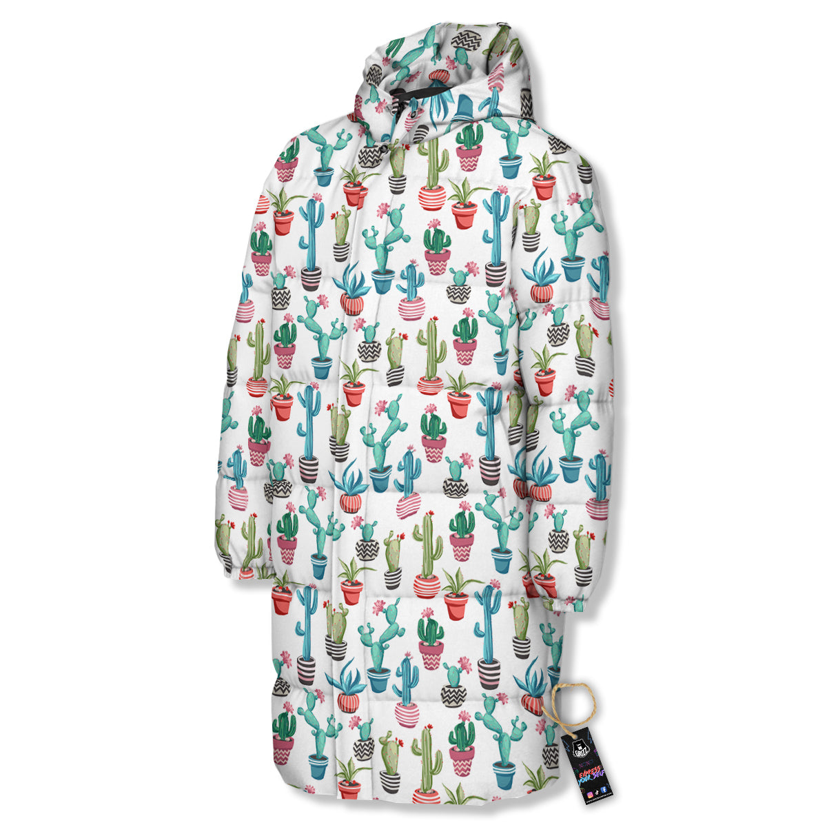 Succulent And Cute Cactus Print Long Down Jacket