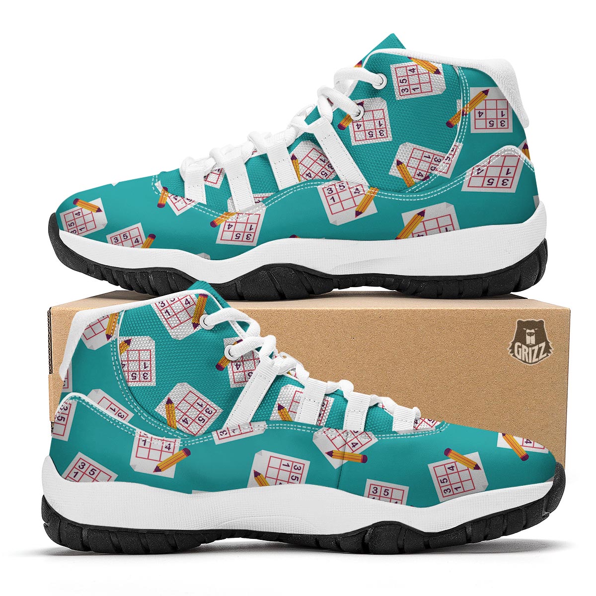 Sudoku Pattern Print White Bball Shoes-grizzshop