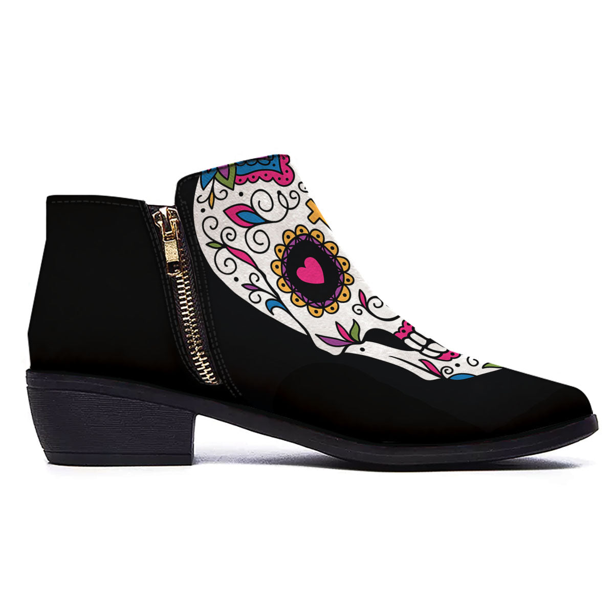 Sugar Skull Day Of The Dead Print Ankle Boots-grizzshop