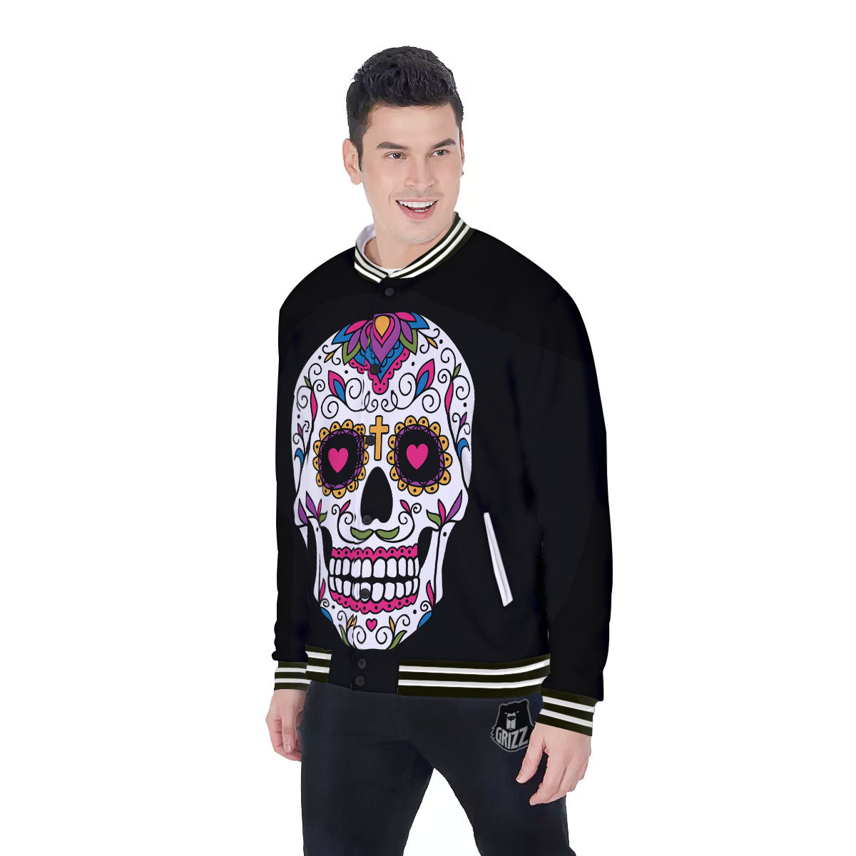 Sugar Skull Day Of The Dead Print Baseball Jacket-grizzshop
