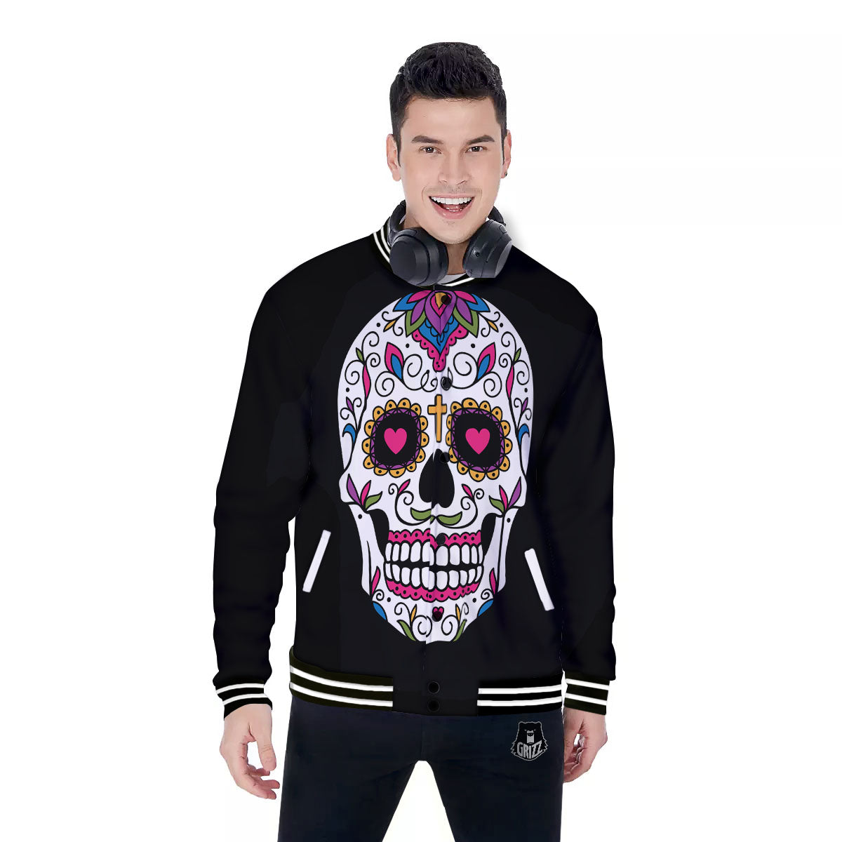 Sugar Skull Day Of The Dead Print Baseball Jacket-grizzshop