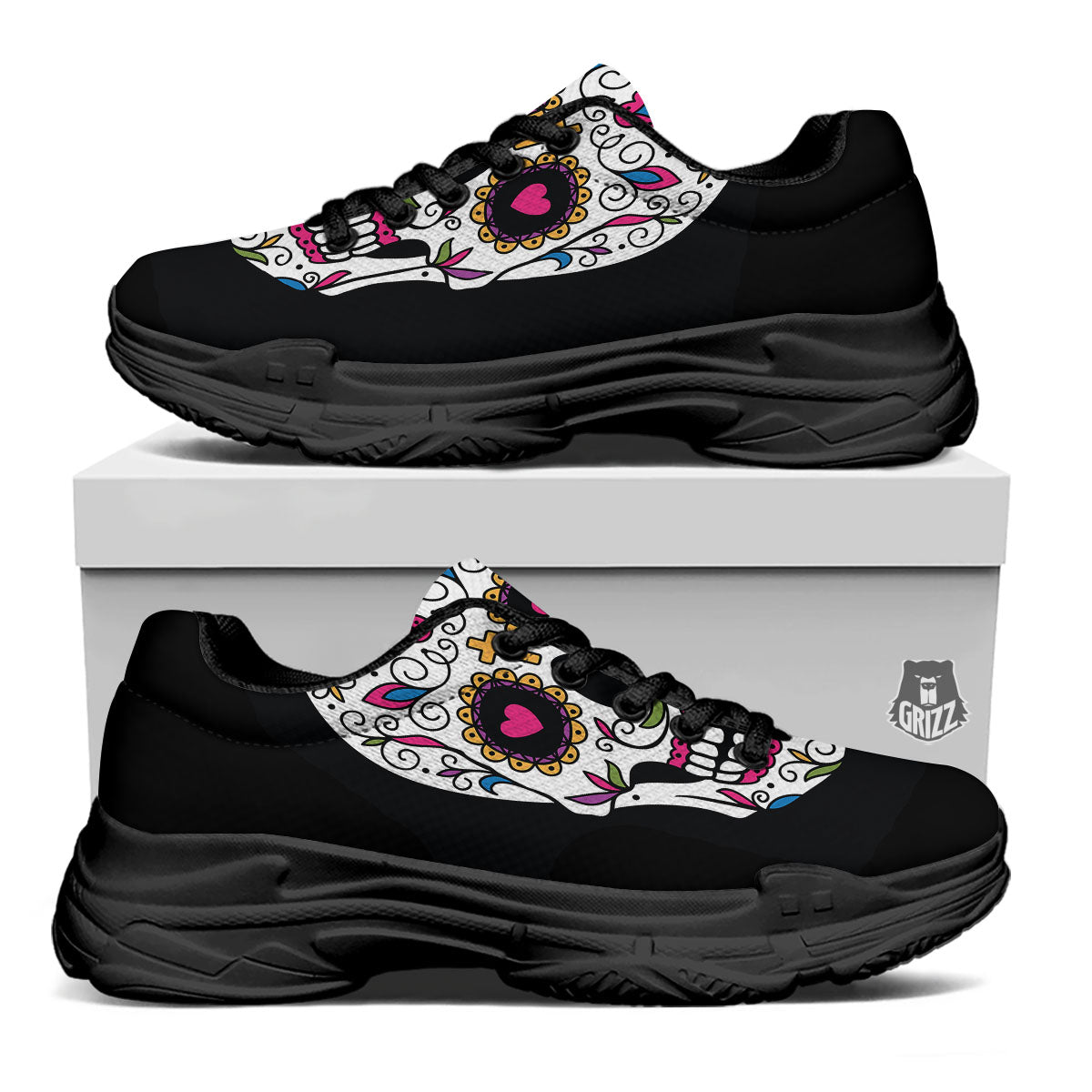 Sugar Skull Day Of The Dead Print Black Chunky Shoes-grizzshop