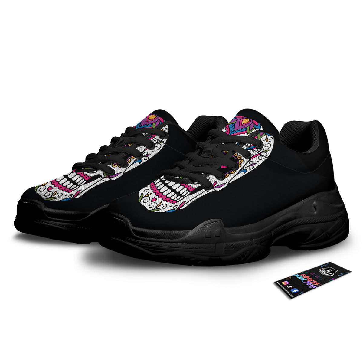 Sugar Skull Day Of The Dead Print Black Chunky Shoes-grizzshop