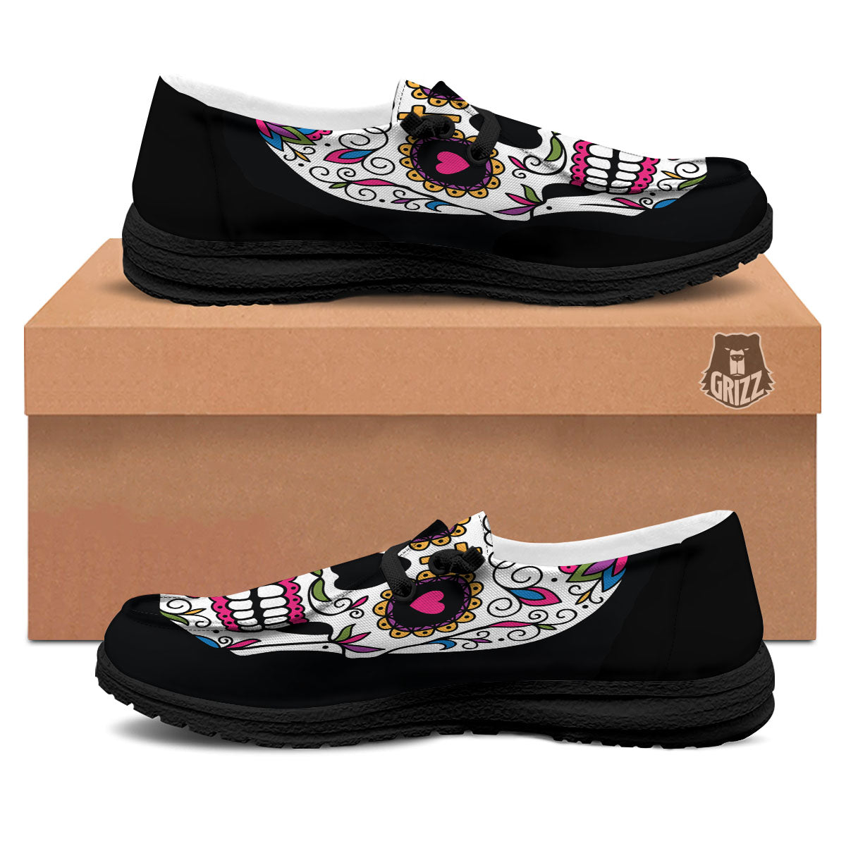 Sugar Skull Day Of The Dead Print Black Loafers-grizzshop