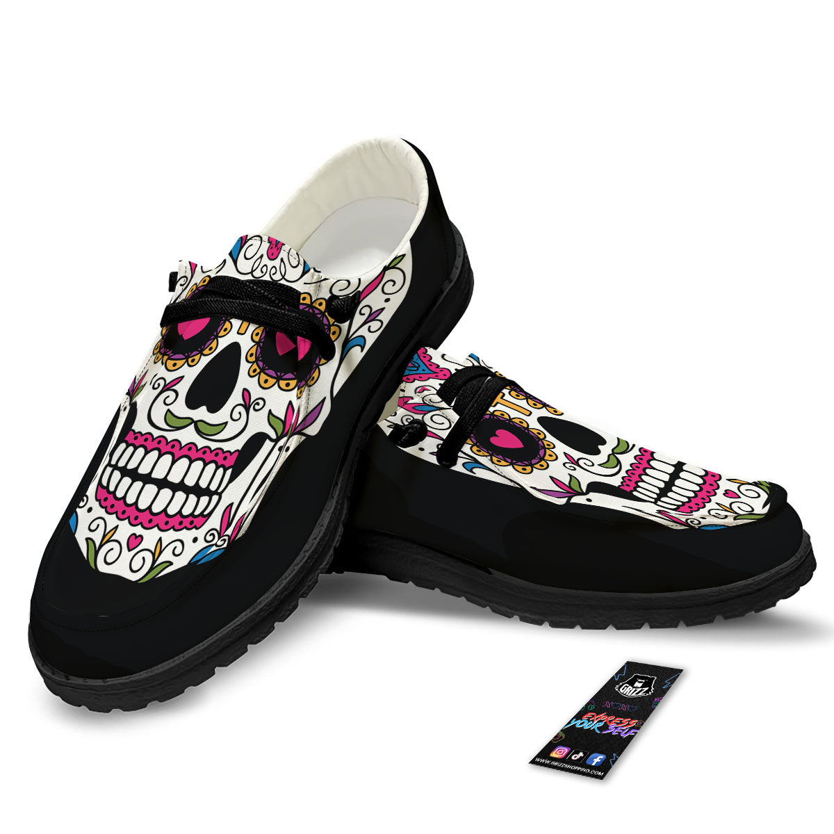 Sugar Skull Day Of The Dead Print Black Loafers-grizzshop