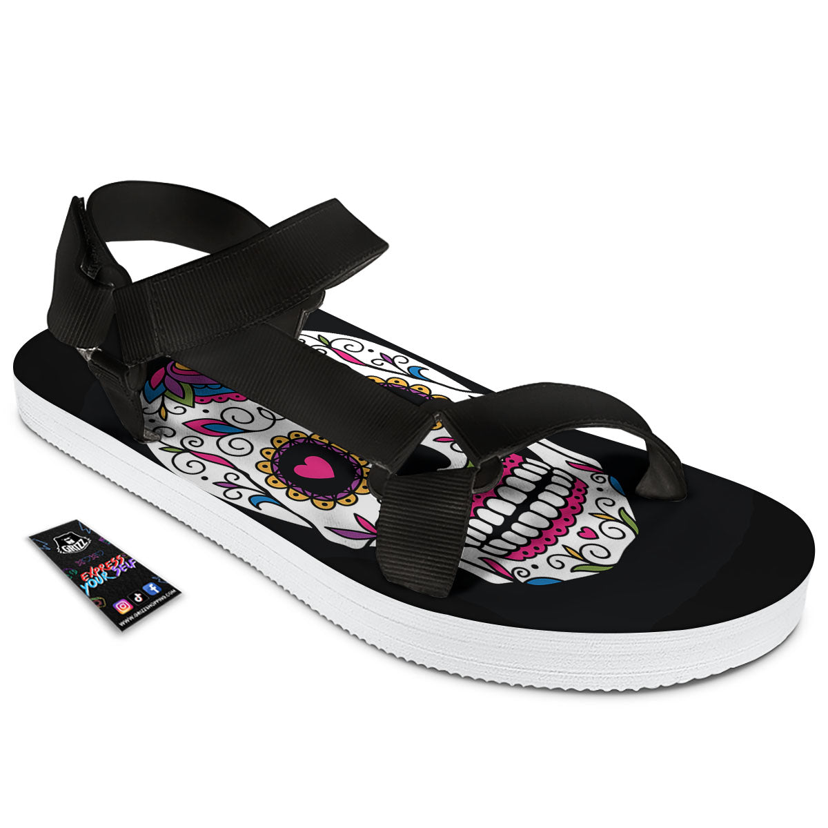 Sugar Skull Day Of The Dead Print Black Open Toe Sandals-grizzshop