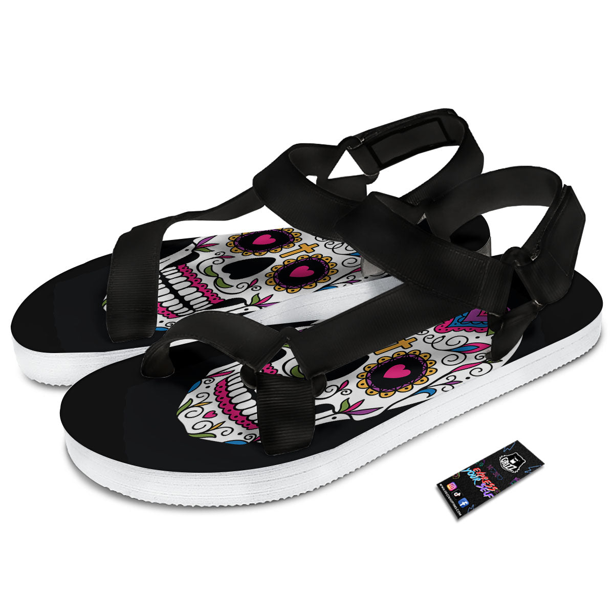 Sugar Skull Day Of The Dead Print Black Open Toe Sandals-grizzshop
