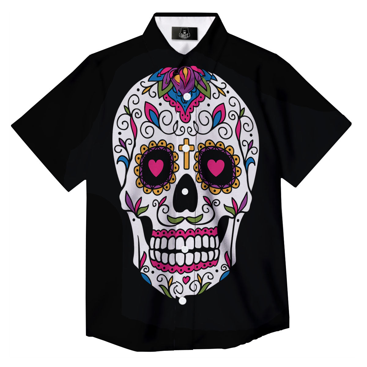 Sugar Skull Day Of The Dead Print Button Up Shirt-grizzshop