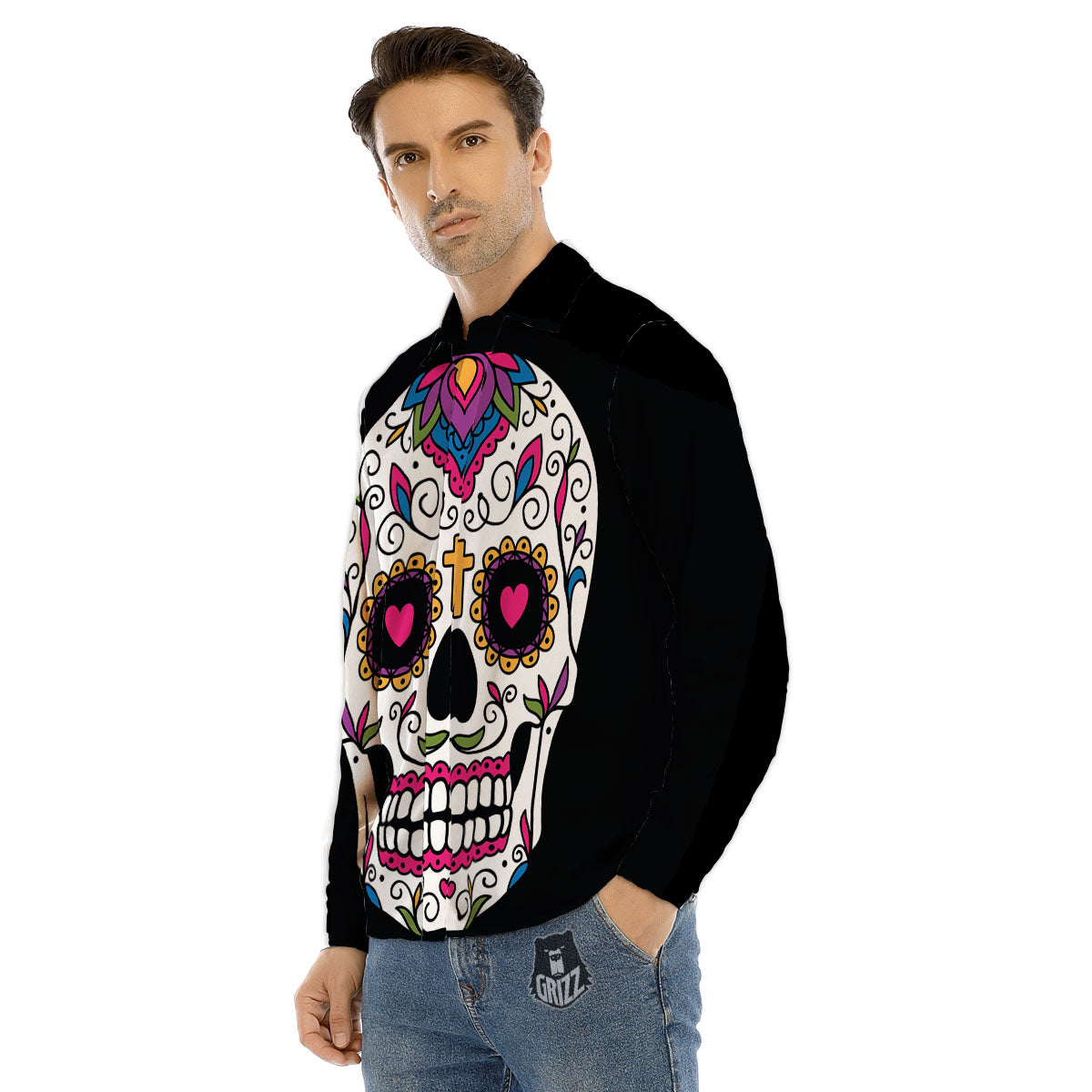 Sugar Skull Day Of The Dead Print Men's Dress Shirts-grizzshop