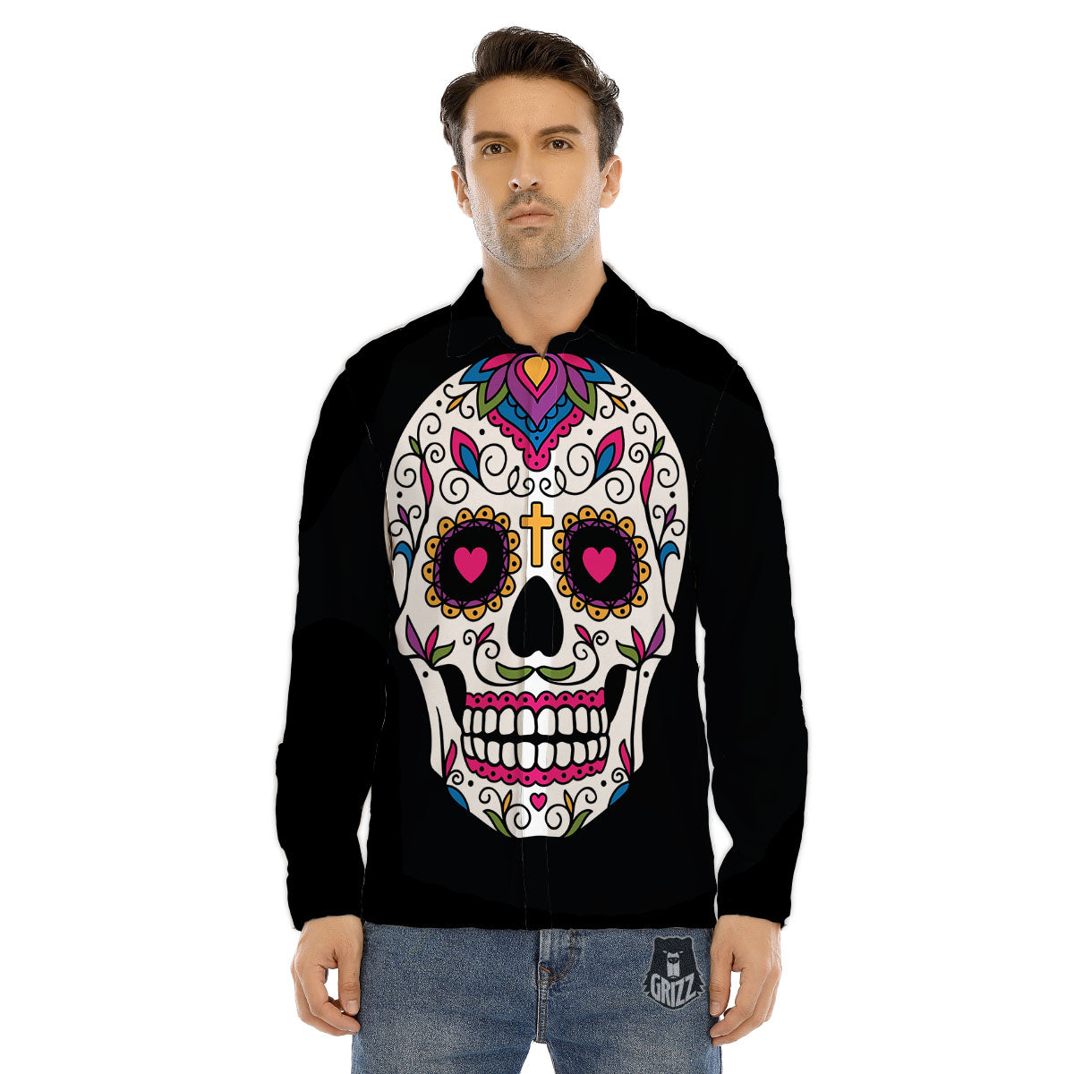 Sugar Skull Day Of The Dead Print Men's Dress Shirts-grizzshop