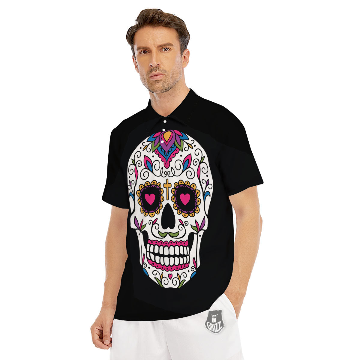 Sugar Skull Day Of The Dead Print Men's Golf Shirts-grizzshop