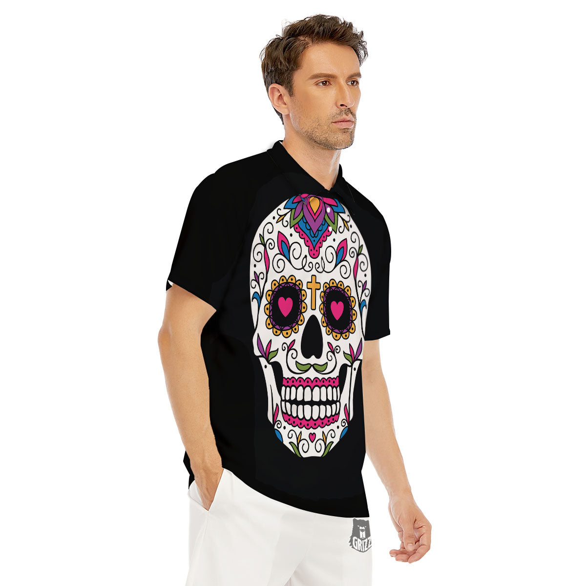 Sugar Skull Day Of The Dead Print Men's Golf Shirts-grizzshop