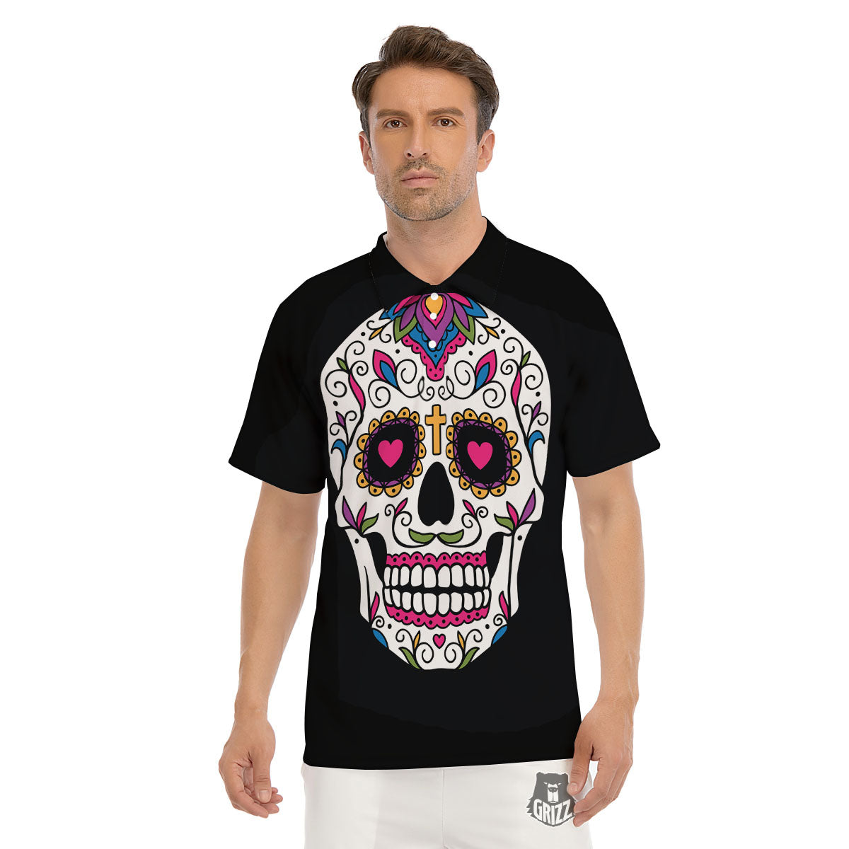 Sugar Skull Day Of The Dead Print Men's Golf Shirts-grizzshop
