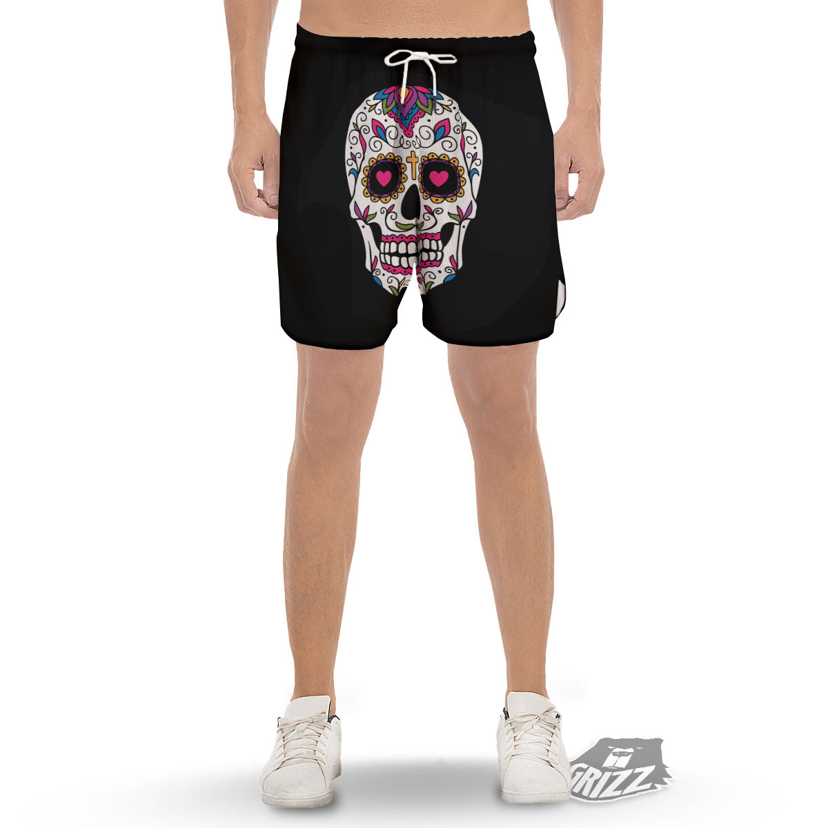 Sugar Skull Day Of The Dead Print Men's Gym Shorts-grizzshop