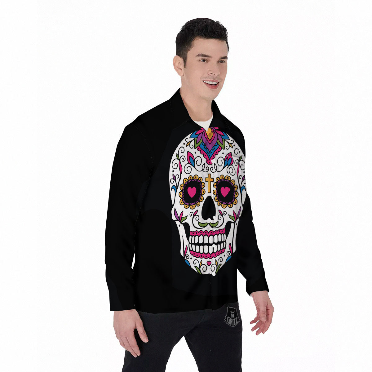 Sugar Skull Day Of The Dead Print Men's Long Sleeve Shirts-grizzshop