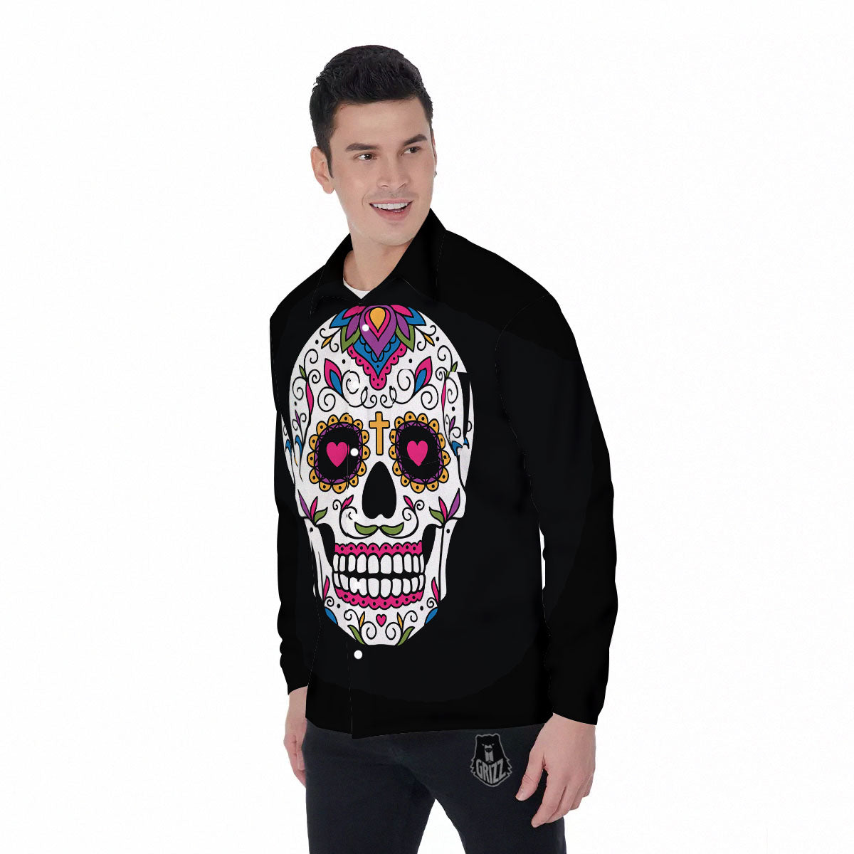 Sugar Skull Day Of The Dead Print Men's Long Sleeve Shirts-grizzshop