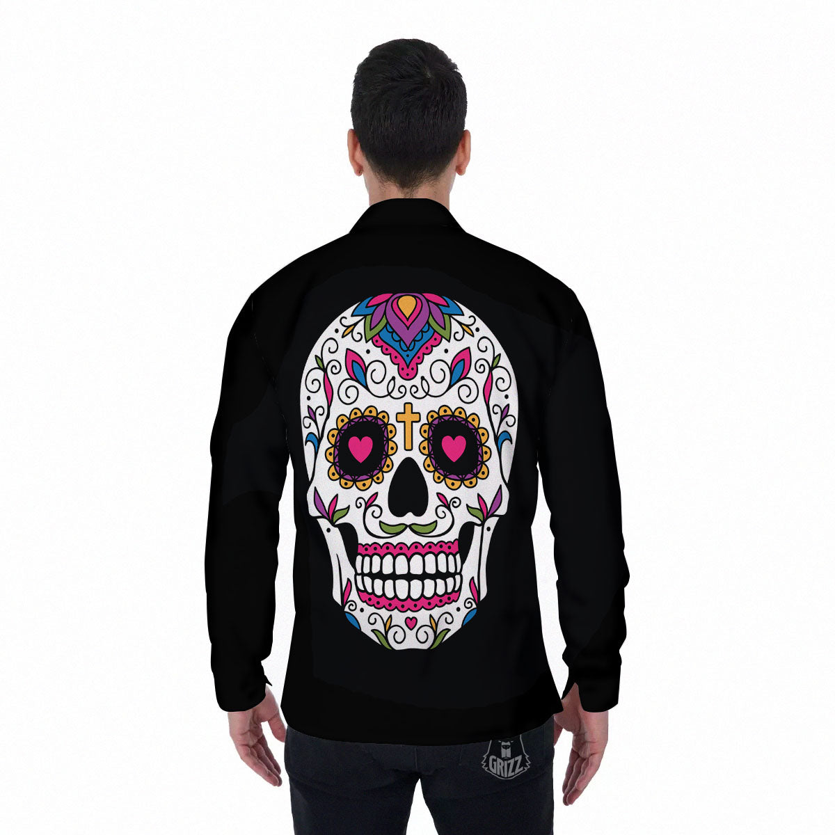 Sugar Skull Day Of The Dead Print Men's Long Sleeve Shirts-grizzshop
