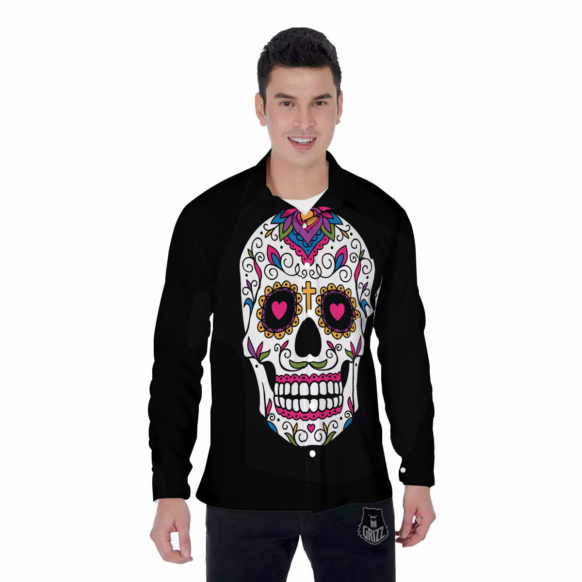 Sugar Skull Day Of The Dead Print Men's Long Sleeve Shirts-grizzshop