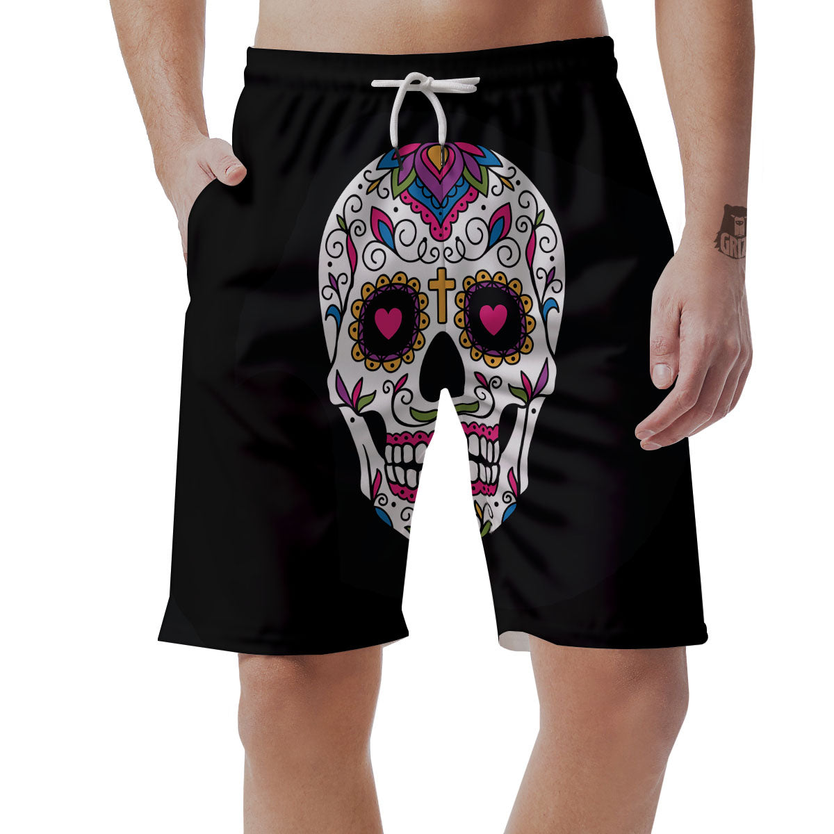 Sugar Skull Day Of The Dead Print Men's Shorts-grizzshop