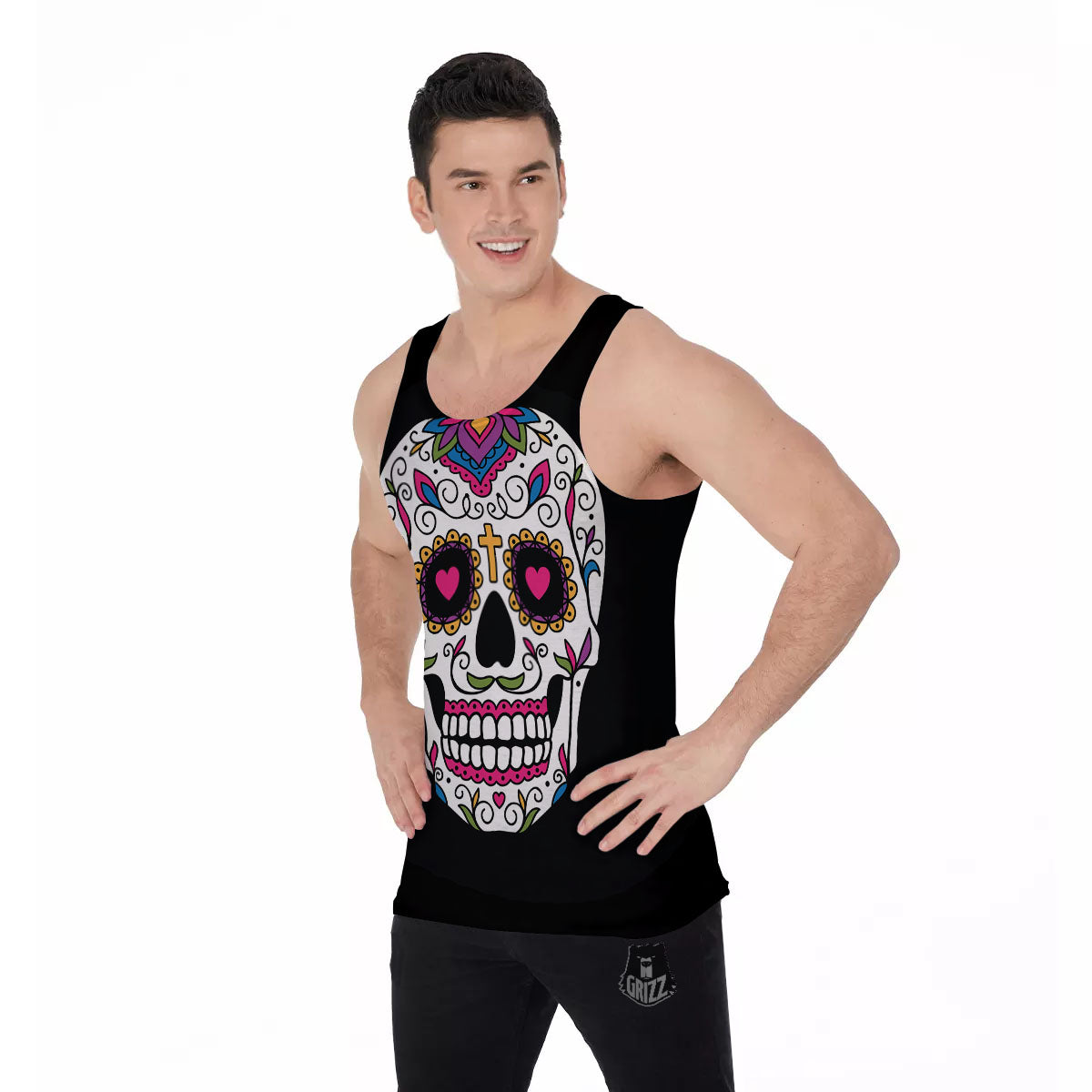 Sugar Skull Day Of The Dead Print Men's Tank Top-grizzshop