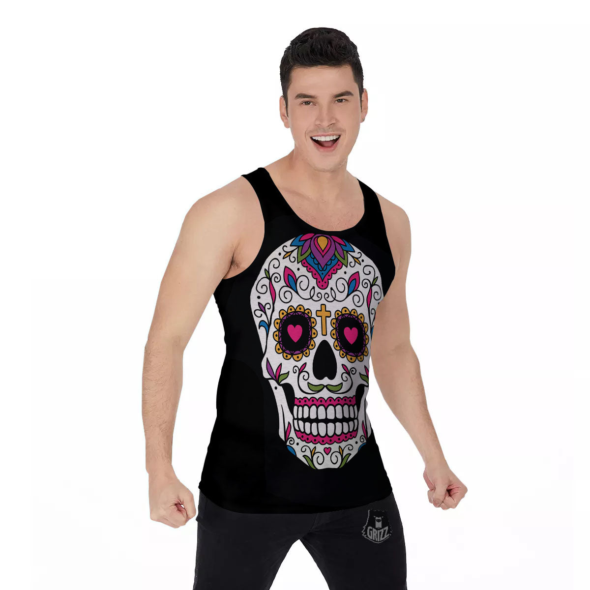 Sugar Skull Day Of The Dead Print Men's Tank Top-grizzshop