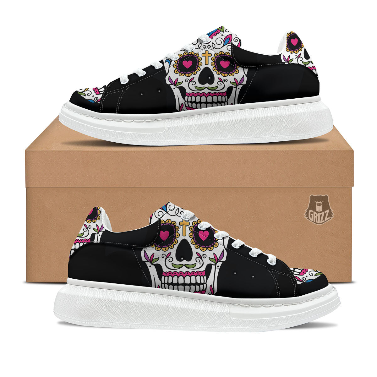 Sugar Skull Day Of The Dead Print Platform Shoes-grizzshop