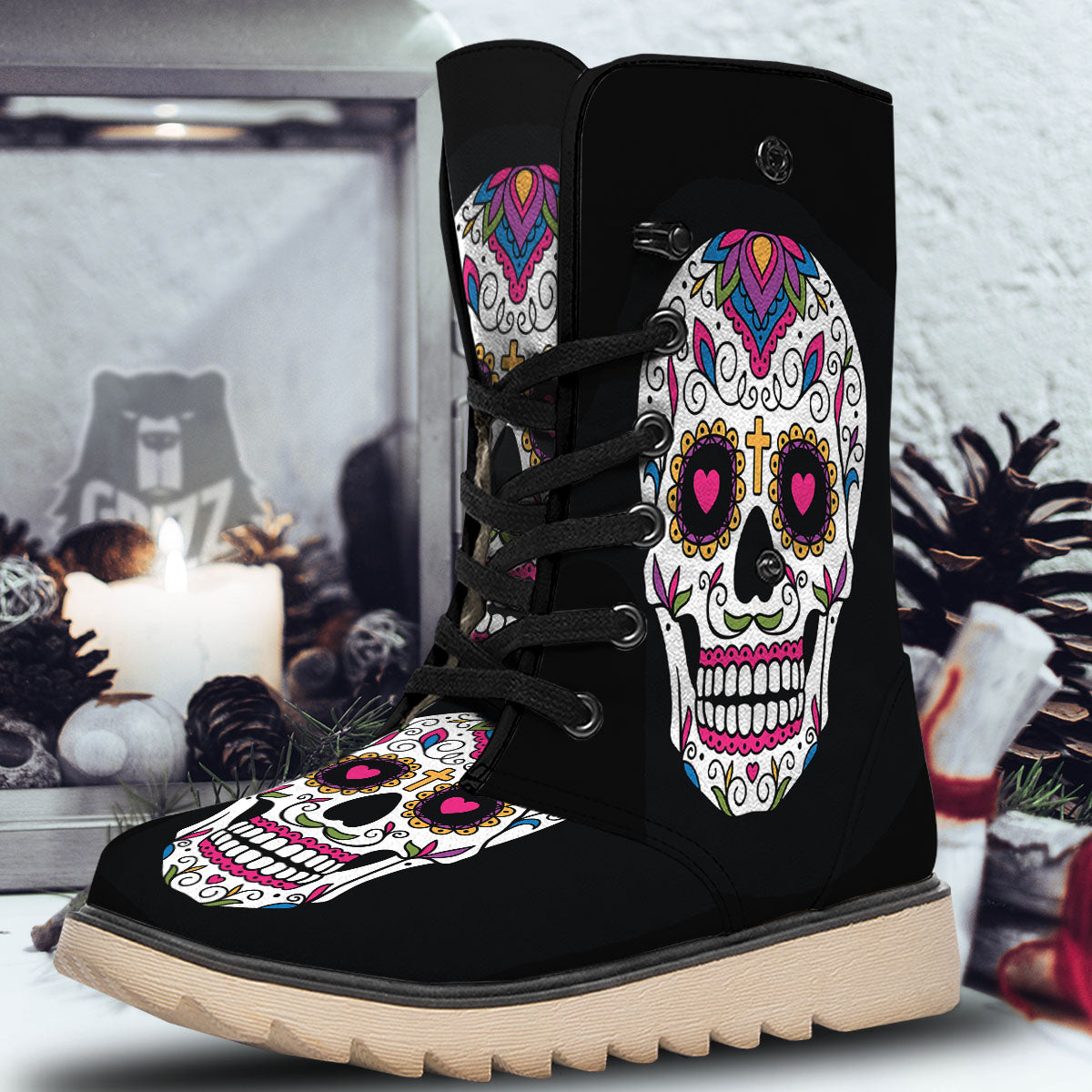 Sugar Skull Day Of The Dead Print Snow Boots-grizzshop