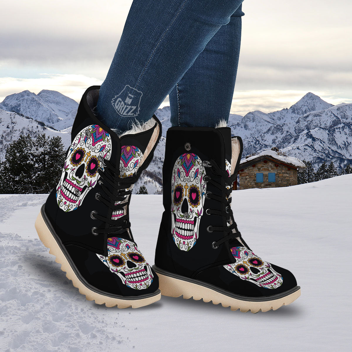 Sugar Skull Day Of The Dead Print Snow Boots-grizzshop