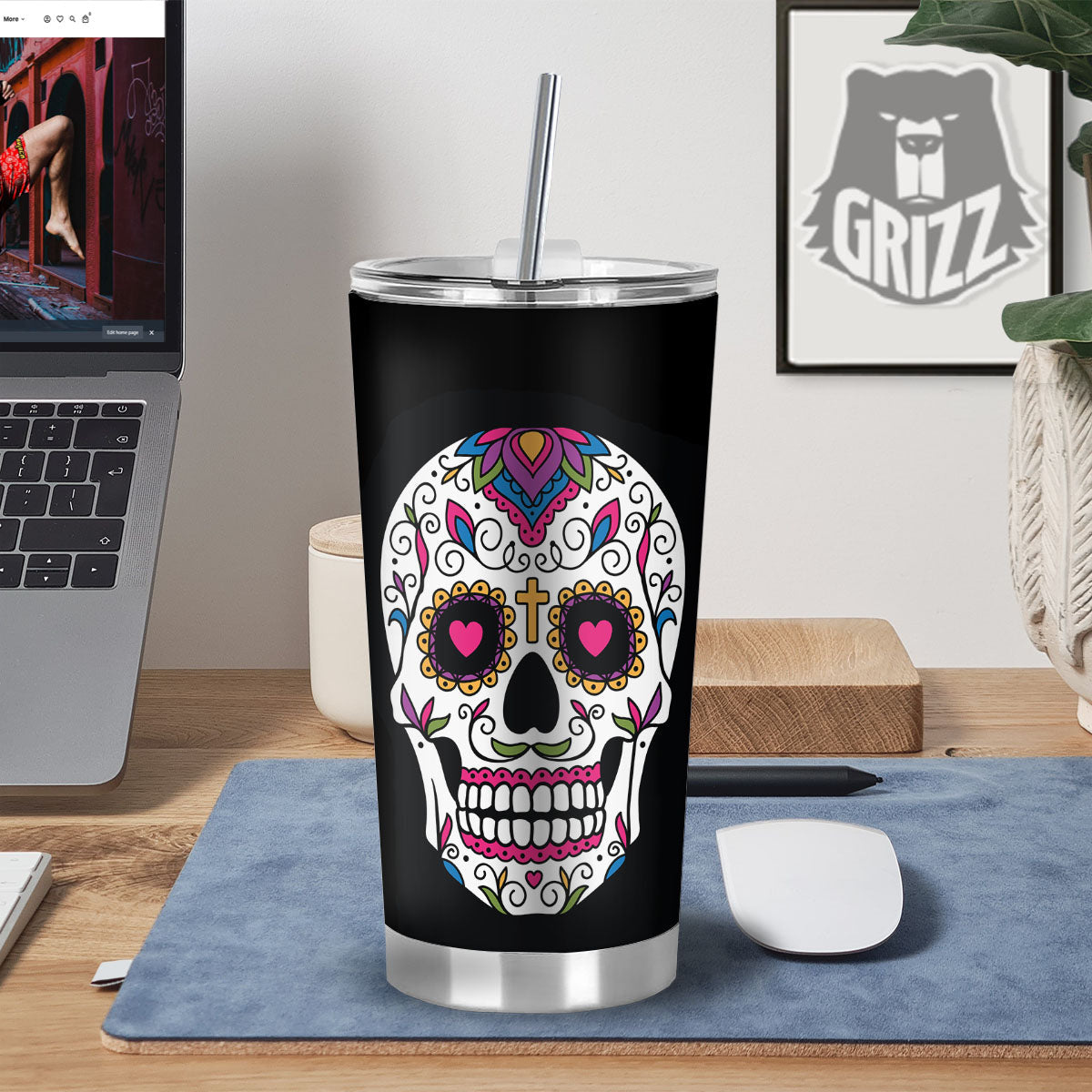 Sugar Skull Day Of The Dead Print Tumbler-grizzshop