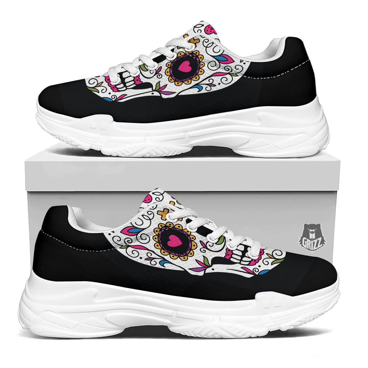 Sugar Skull Day Of The Dead Print White Chunky Shoes-grizzshop
