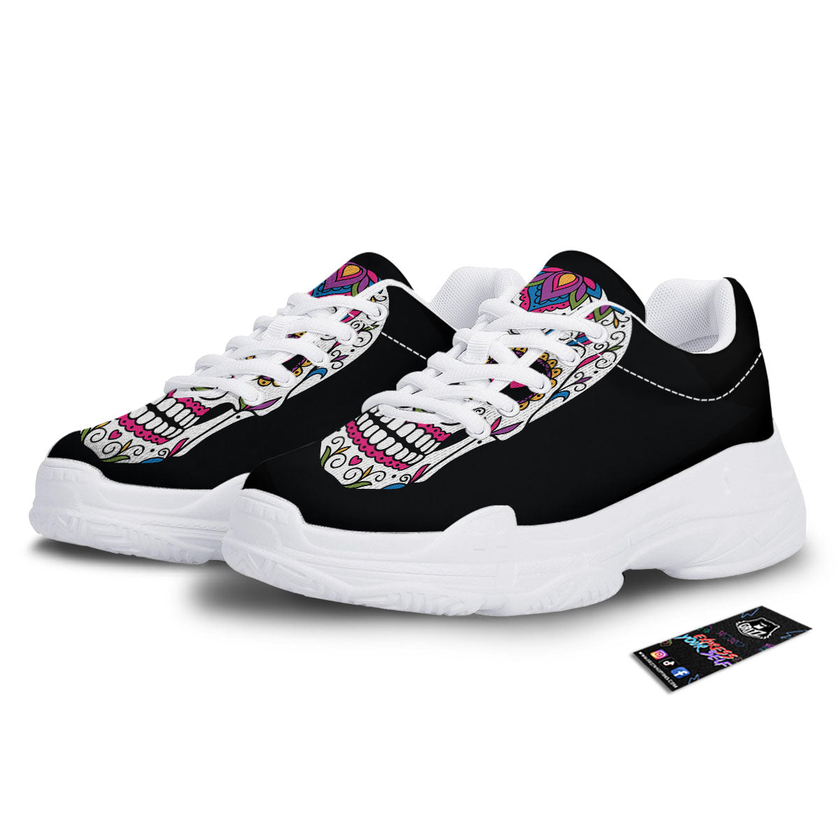 Sugar Skull Day Of The Dead Print White Chunky Shoes-grizzshop