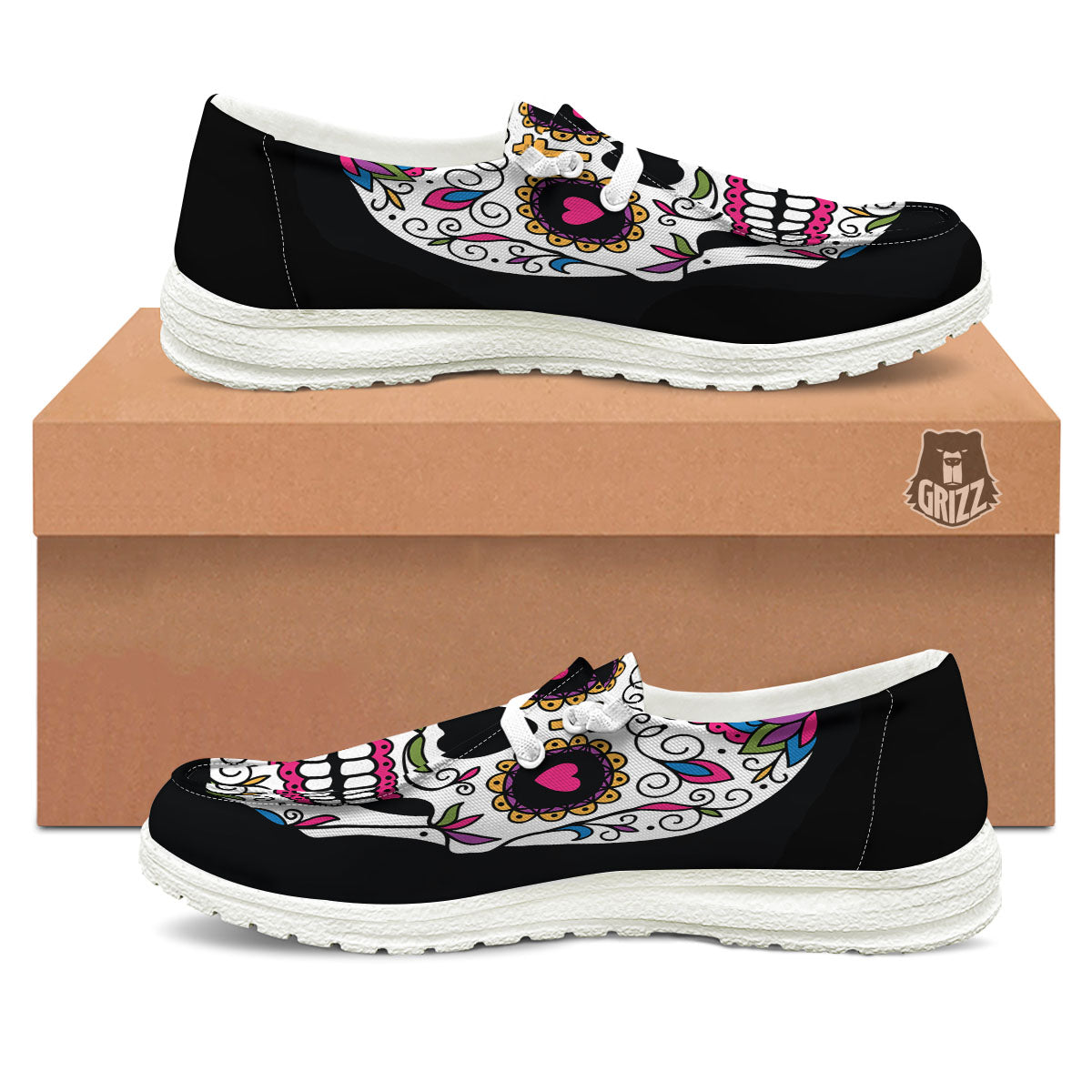 Sugar Skull Day Of The Dead Print White Loafers-grizzshop