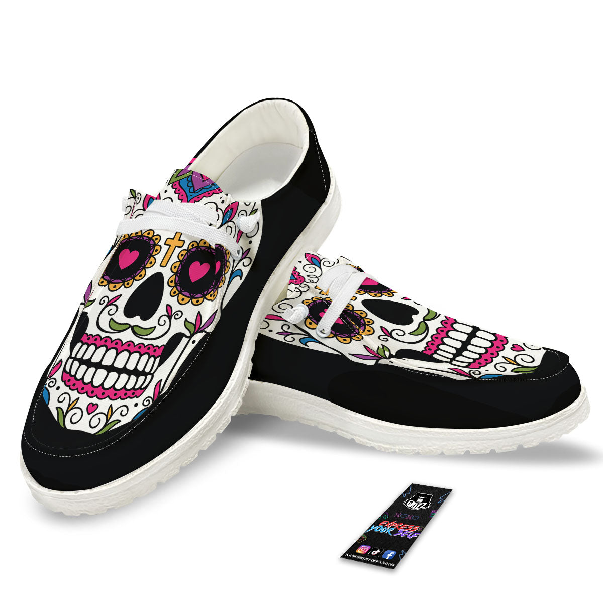 Sugar Skull Day Of The Dead Print White Loafers-grizzshop
