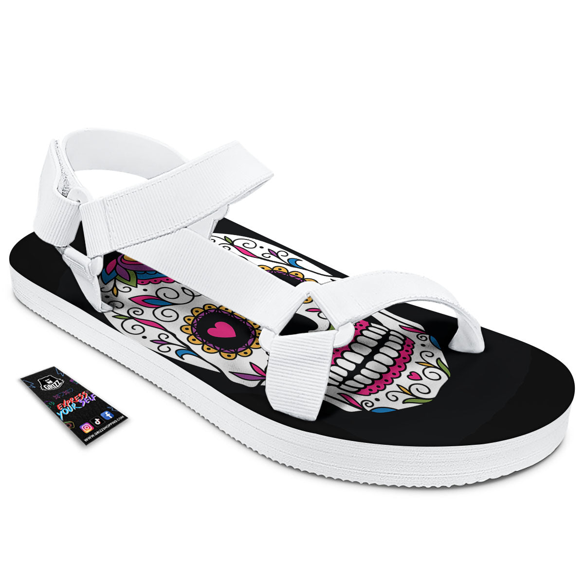 Sugar Skull Day Of The Dead Print White Open Toe Sandals-grizzshop