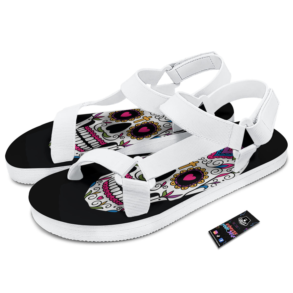 Sugar Skull Day Of The Dead Print White Open Toe Sandals-grizzshop