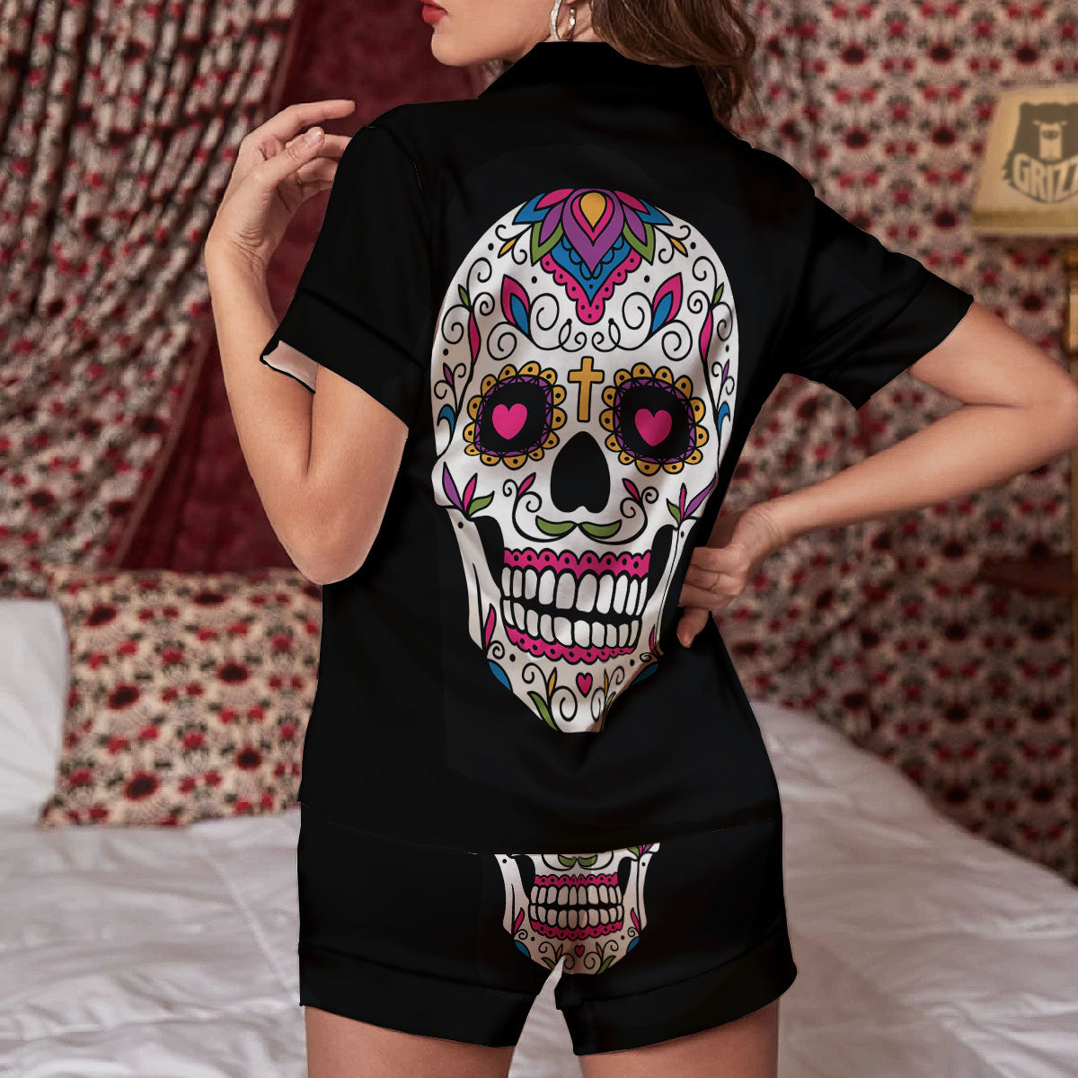 Sugar Skull Day Of The Dead Print Women Silk Pajamas-grizzshop