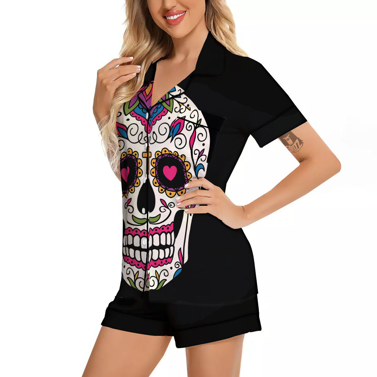Sugar Skull Day Of The Dead Print Women Silk Pajamas-grizzshop