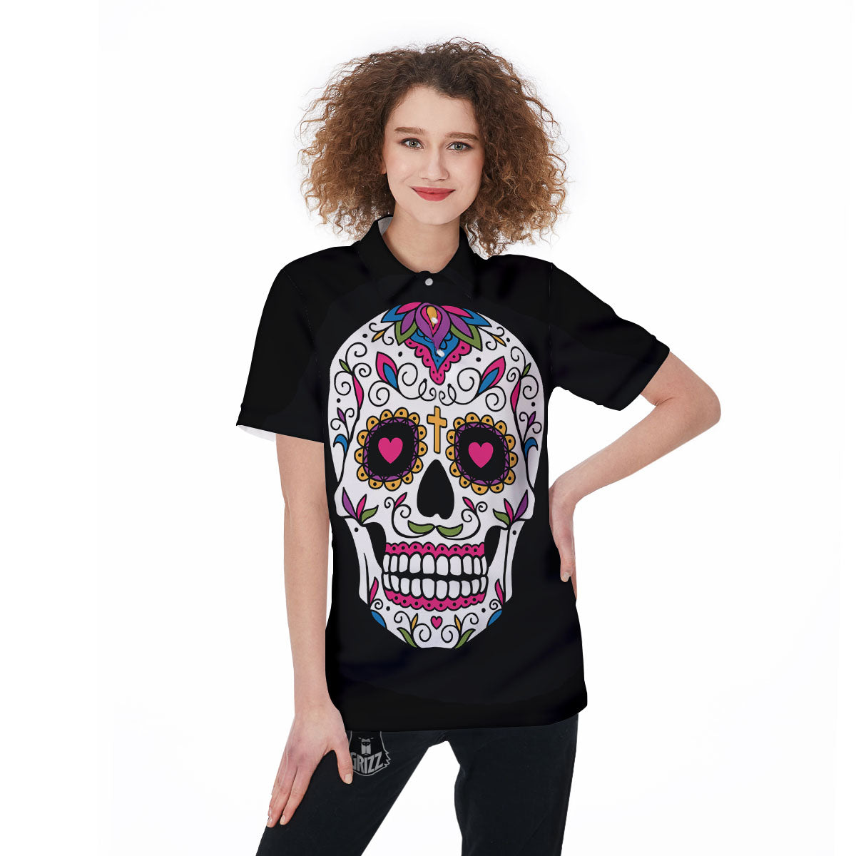 Sugar Skull Day Of The Dead Print Women's Golf Shirts-grizzshop