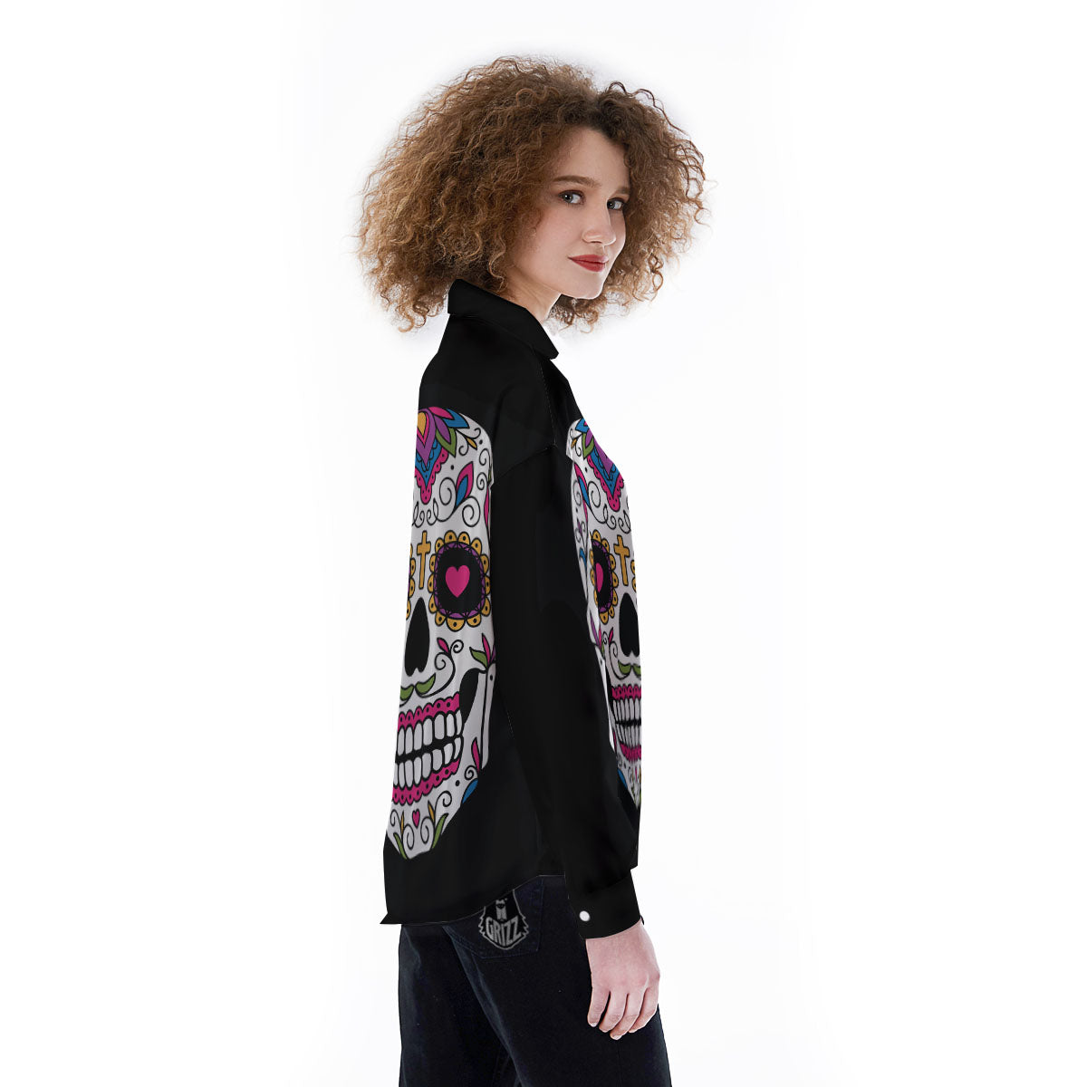 Sugar Skull Day Of The Dead Print Women's Long Sleeve Shirts-grizzshop