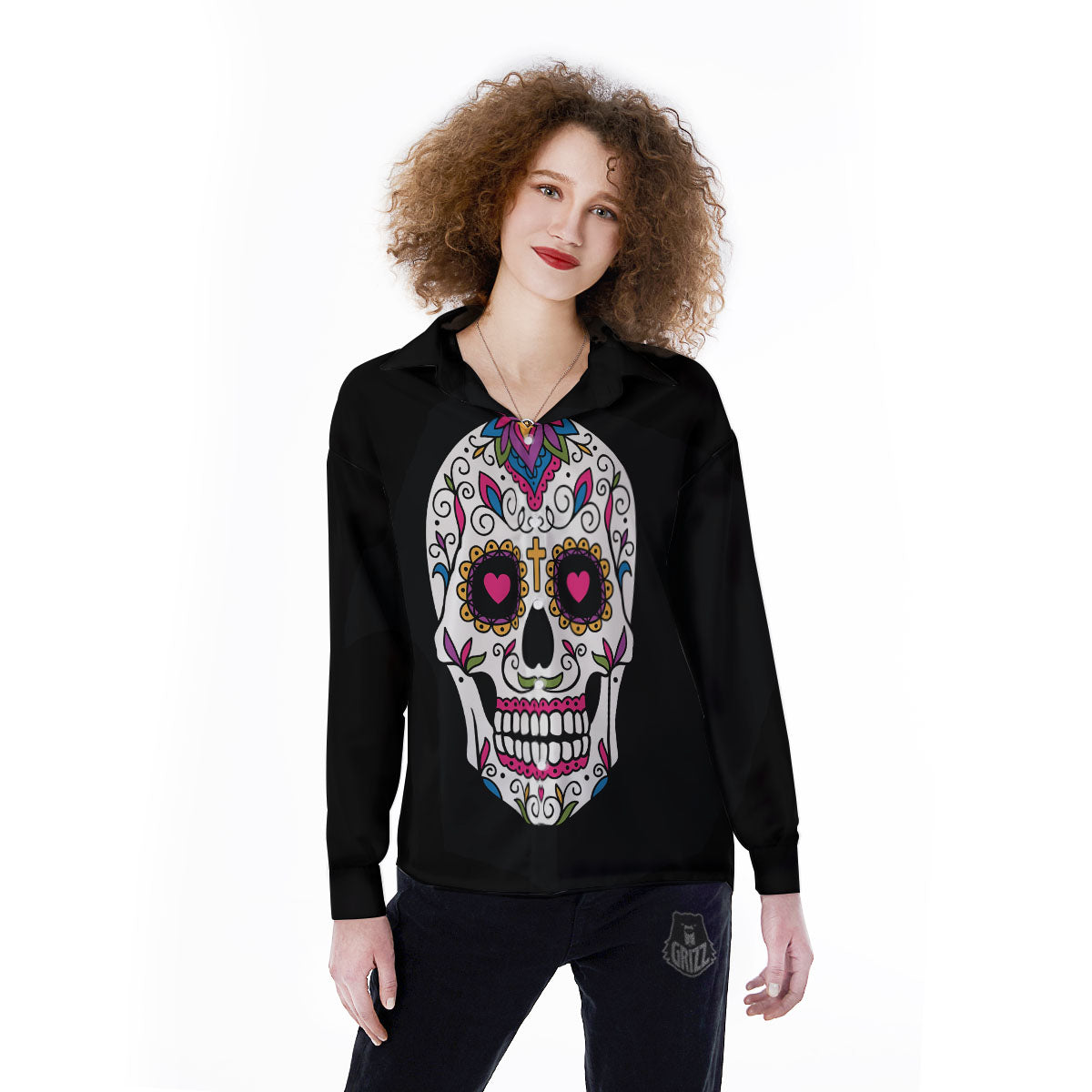 Sugar Skull Day Of The Dead Print Women's Long Sleeve Shirts-grizzshop
