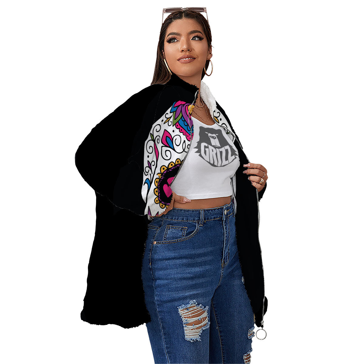 Sugar Skull Day Of The Dead Print Women's Sherpa Jacket-grizzshop
