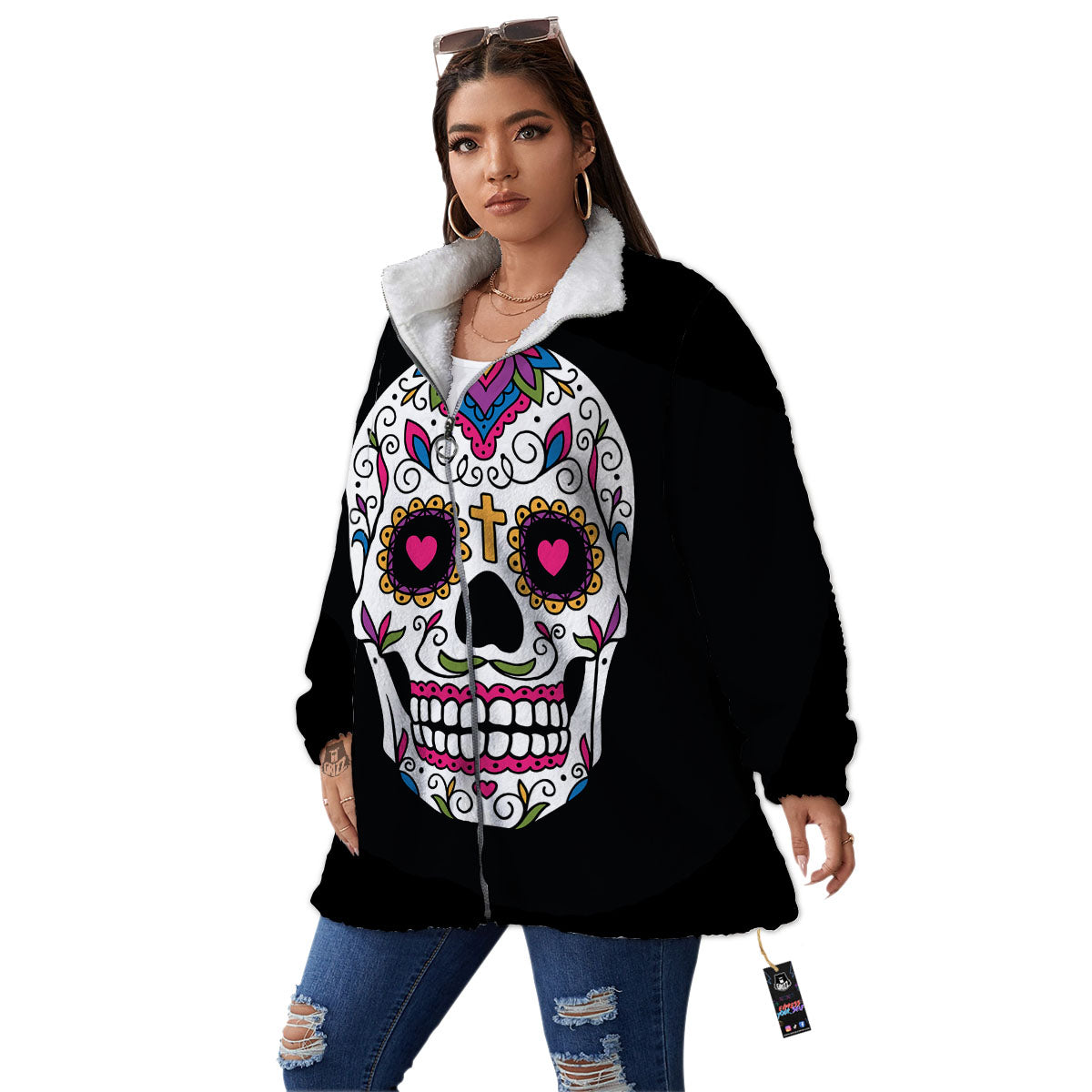 Sugar Skull Day Of The Dead Print Women's Sherpa Jacket-grizzshop