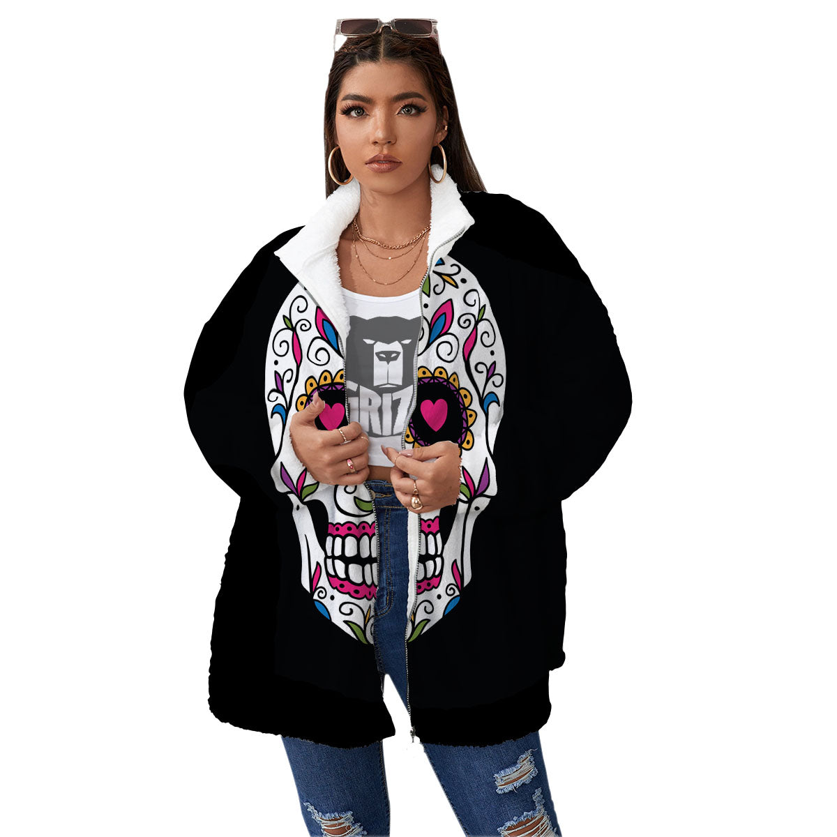 Sugar Skull Day Of The Dead Print Women's Sherpa Jacket-grizzshop