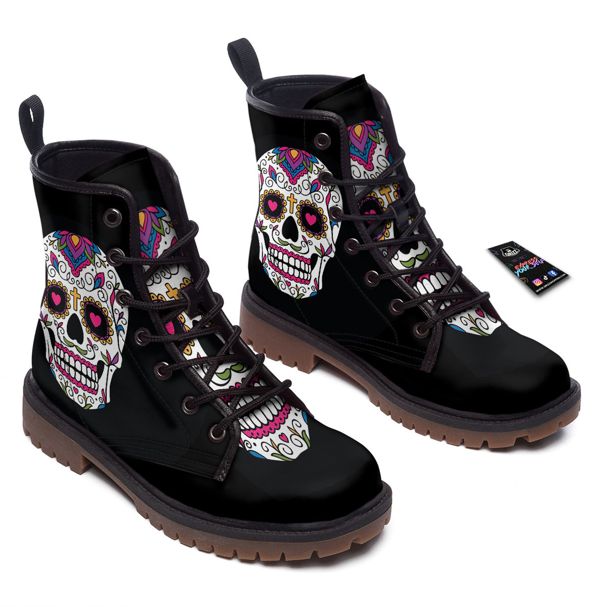 Sugar Skull Day Of The Dead Print Work Boots-grizzshop