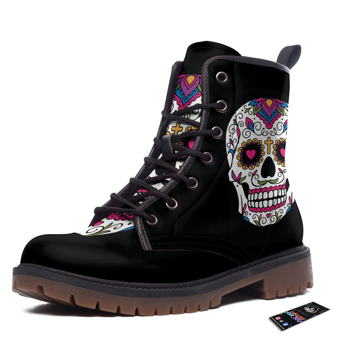Sugar Skull Day Of The Dead Print Work Boots-grizzshop
